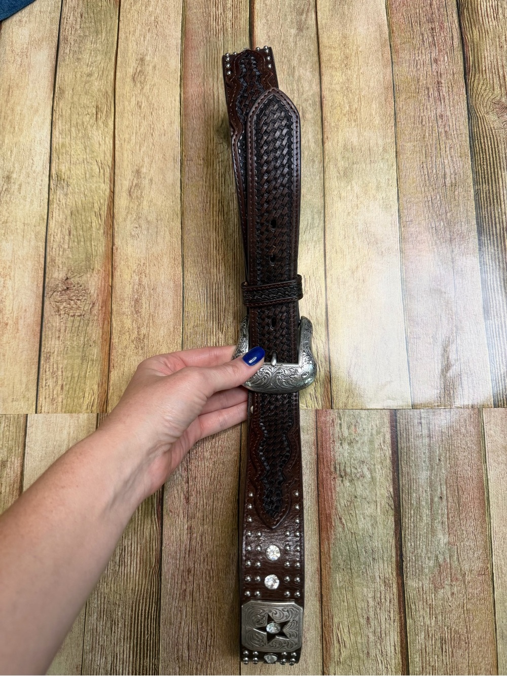 Brown Tooled Leather Western Belt with Silver Buckle